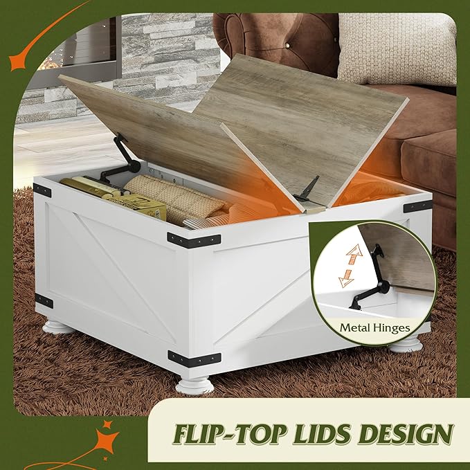 WLIVE Farmhouse Coffee Table, 31.5" Square Wood Center Table with Flip-Top Lids and Large Hidden Storage Compartment for Living Room, Bedroom, White