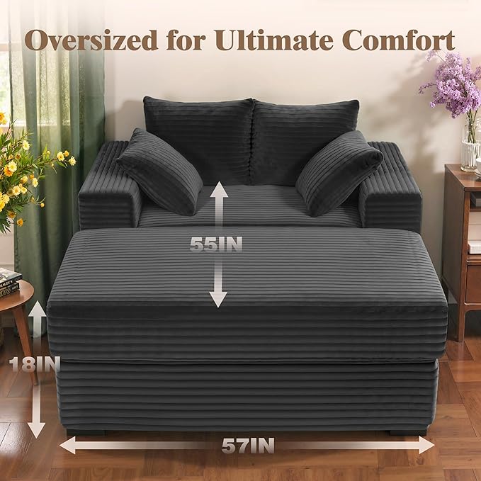 Indoor Chaise Lounge Chair With Storage Ottoman, Modern 60-Inch Lounge Sofa Chair With Wide Armrests & 4 Pillows, Oversized Comfy Reading Lounger For Living Room, Bedroom（Wide-Rib Corduroy Grey)