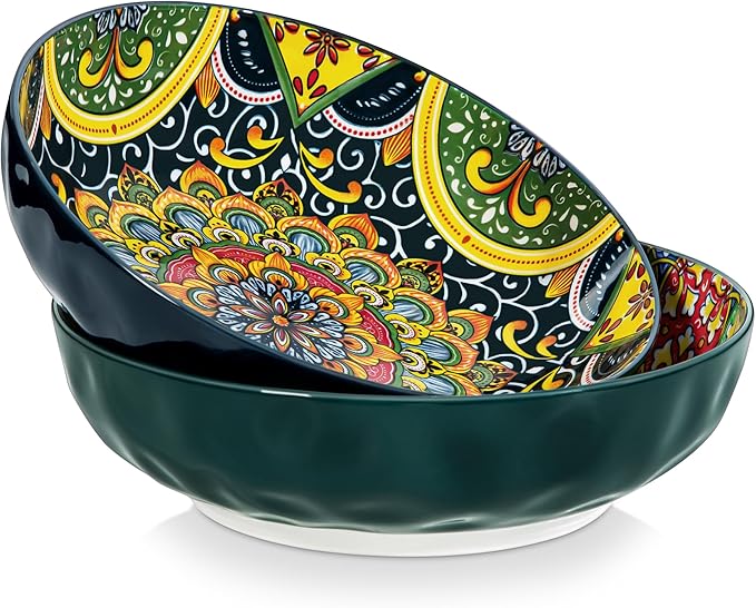 vancasso Large Serving Bowls, 78 Oz Extra Large Salad Bowls Set of 2, Bohemian Decorative Bowls for Salad, Fruit, Pasta and Dinner, Serving Dishes Set for Party, Dishwasher & Microwave Safe－Green