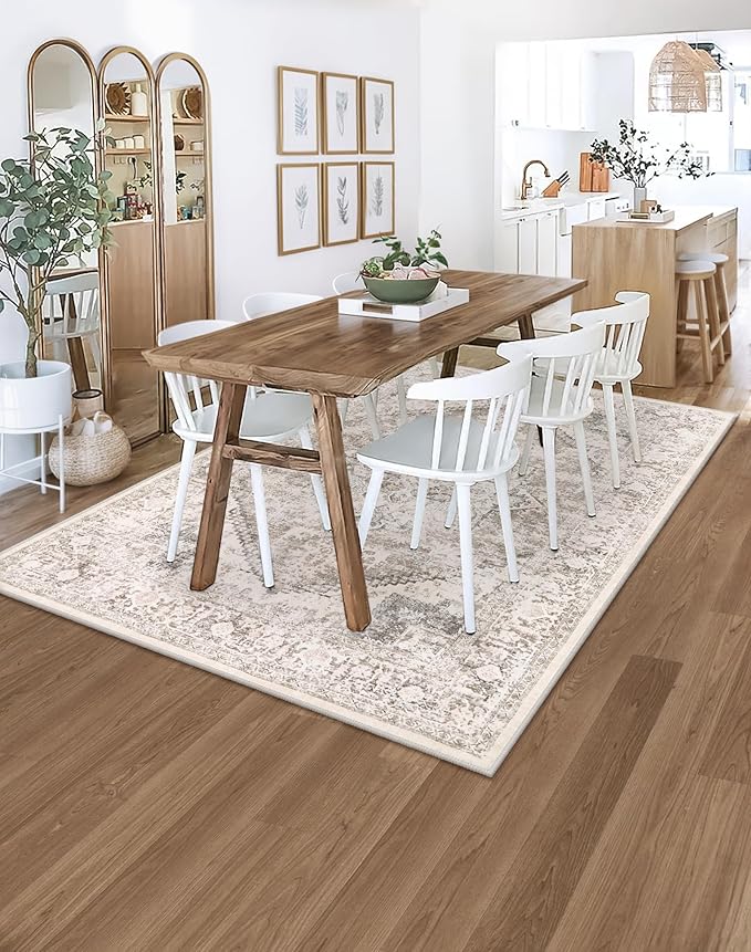 LIVEBOX 5x7 Area Rugs for Living Room, Washable Nursery Beige Neutral Boho Rug, Soft Non-Slip, Low-Pile Vintage Medallion, Retro Faux Wool for Dining Room, Bedroom, Office