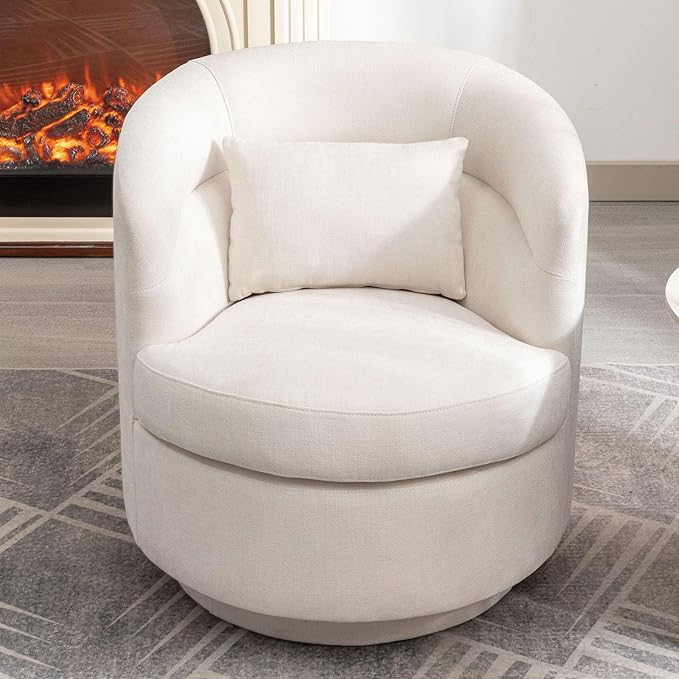 CANMOV Swivel Accent Chair, 360 Degree Round Swivel Barrel Chair with Pillow, Upholstered Comfy Barrel Armchair Single Club Sofa Chair for Living Room,Bedroom, Reading Room, Beige
