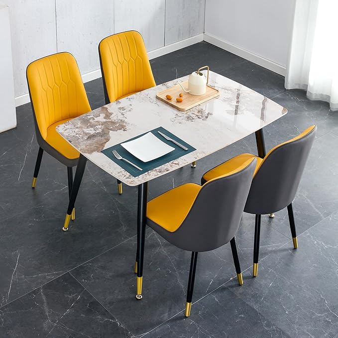 5 Pieces Modern Sintered Stone Dining Table Set 50" Rectangular Faux Marble Kitchen Table with 4 PU Leather Chair Dinner Set(1Faux Marble Table+4Orange and Gray Chairs)