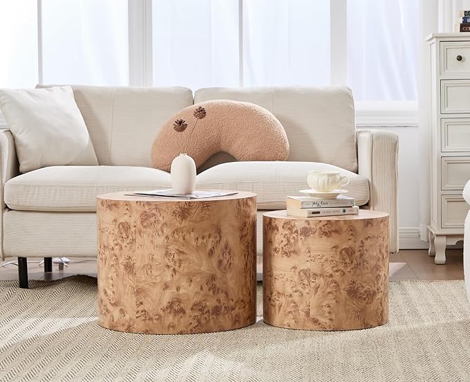 EALSON Nesting Coffee Tables Set of 2 Farmhouse Small Round End Tables Modern Wood Circle Side Table Drum Table for Living Room Small Spaces Bedroom Balcony, No Assembly, Natural Burl