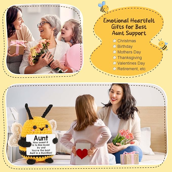 LEJIAJINW Emotional Christmas Bee Gifts for Aunt Auntie, from Niece Nephew, Aunt Gift for Christmas, Birthday, Auntie Mothers Day, Valentines - Mini Handmade Crochet Bee for Easter Basket Essentials