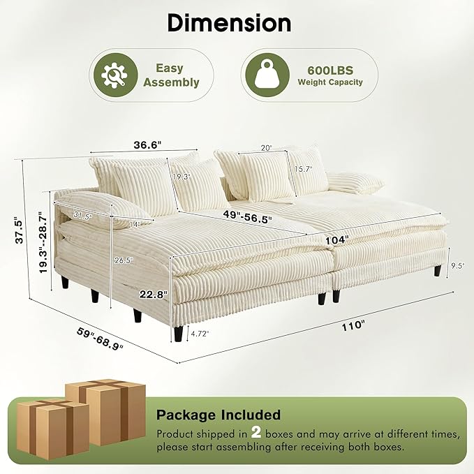 110" W Oversized Double Chaise Lounge Sofa Couch, Corduroy Sleeper Sofa Bed with Adjustable Backrest, Modern Upholstered Cloud Couch with Deep Seat & Pillows for Living Room, Beige