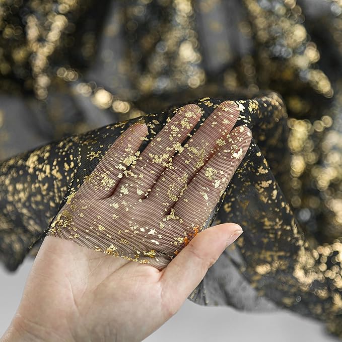 Artoid Mode 3Pcs Black Gold Gauze Table Runner 120 Inch 10FT, Glitter Metallic Foil Sheer Dining Wedding Anniversary Holiday Birthday Table Decor for Home Party