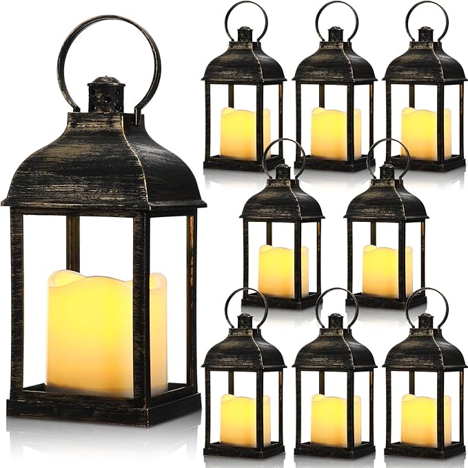 8 Pcs 10 Inch Dark Bronze Decorative Candle Lantern Bulk for Wedding Centerpieces Bronze Lanterns with LED Flameless Candle Indoor Outdoor Battery Powered Hanging Lights for Wedding Party