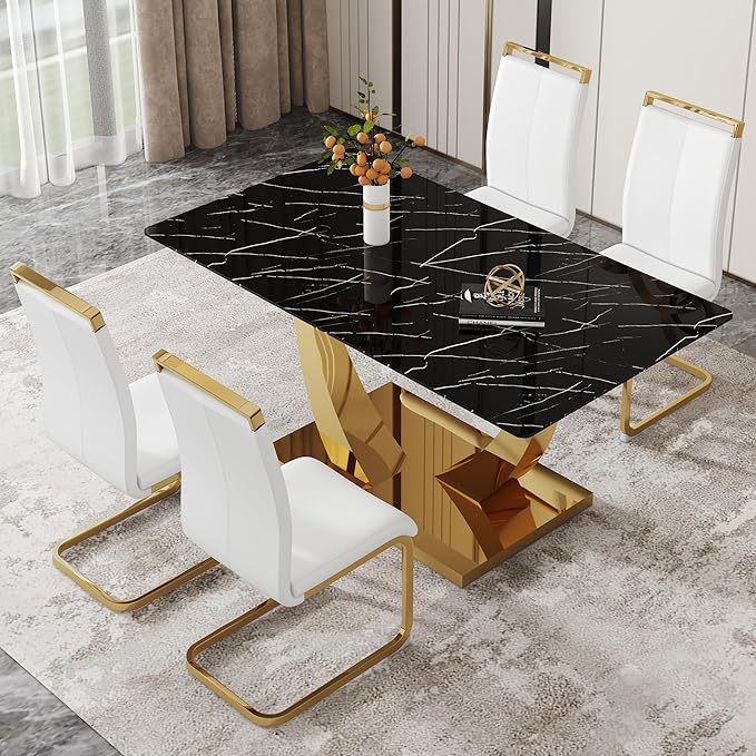 63” Dining Room Table Set for 4,Modern Gold Dining Table Set for 4, Rectangle kitchen Table Set With PU Leather Chairs,Black Faux Marble Dinner Table Set with Tempered Glass Top and Golden Base