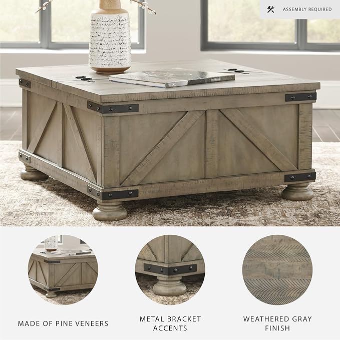 Signature Design by Ashley Aldwin Farmhouse Square Coffee Table with Lift Top for Storage, Grayish Brown