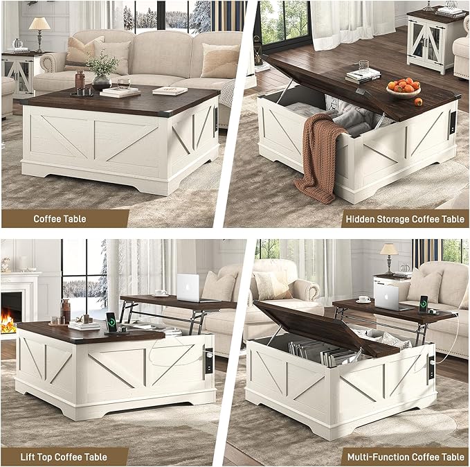 40” Large Farmhouse Lift Top Coffee Table with Power Outlets and Large Hidden Storage, Square Wood Living Room Tables, Multi-Function Lift Wooden Barn Door Center Table, Rustic White