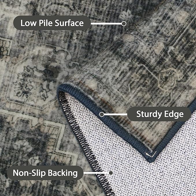 GENIMO 9x12 Area Rugs for Living Room, Machine Washable Non Slip Vintage Rugs, Low Pile Lightweight Chenille Print Rug for Bedroom, Dining Room, Home Office,Charcoal Gray