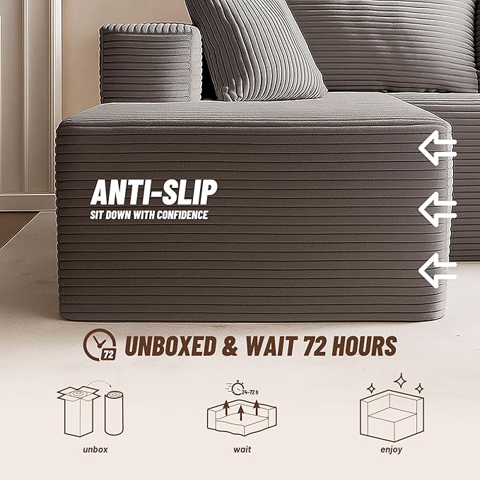 107" Boneless Couch with Deep Seat, Modular Sectional Sofa, Cloud Sectional Couch for Living Room, No Assembly Required, Corduroy, L-Shape Right，Grey