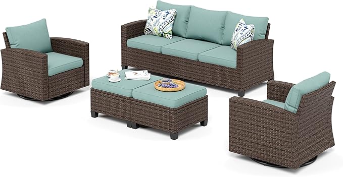 Swivel Glider Patio Furniture Set Outdoor Furniture Brown Wicker Rattan Patio Conversation Sets with Cushion Outside Sofa Set,5 Pieces 7 Seats,Blue
