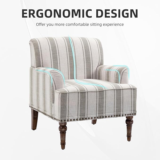 Modern Accent Chair with Arms,2 Set Mid Century Stripe Armchair for Living Room,Comfy Linen Fabric Single Sofa for Apartment Bedroom,Comfortable Cushioned Seat for Reading Home Office-Brown Stripe