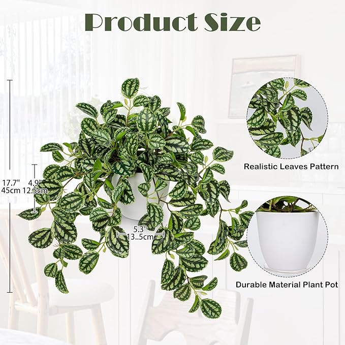 Briful Fake Plants Indoor Artificial Potted Silk Plants Faux Watermelon Peperomia Trailing Vine Plant for Home Office Livingroom Desk Shelf Mantle Decoration(Green/White - 1 Pack)