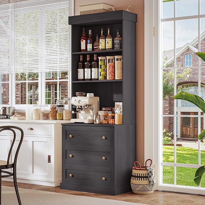 71" Tall Farmhouse Kitchen Pantry, Large Freestanding Storage Cabinet with Drawers, Coffee Bar Hutch with Microwave Stand and Adjustable Shelves for Kitchen and Living Room, Black, Set of 2