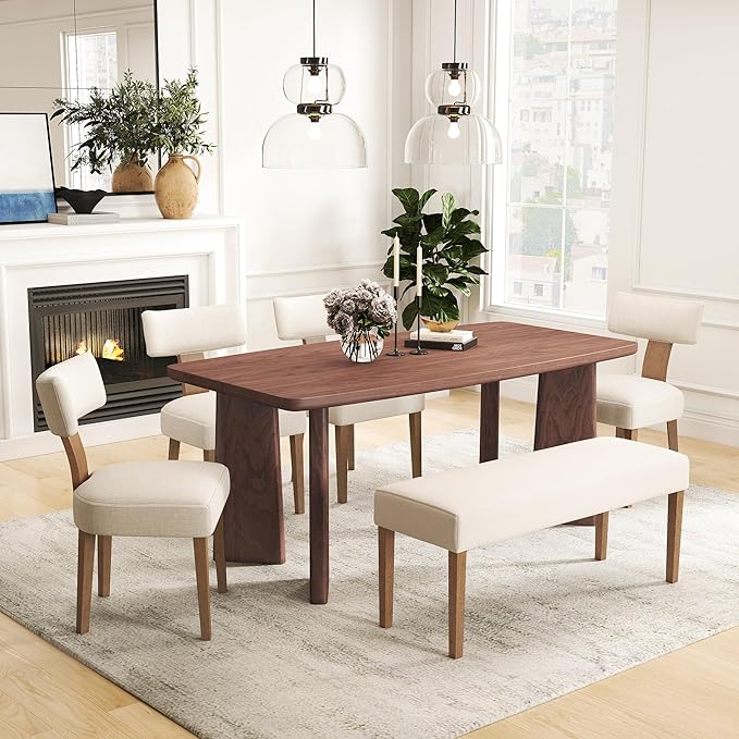 71" Long Walnut Dining Table, Farmhouse Wooden Kitchen & Dining Room Table for 4-6 Seats, Modern Rectangular Dinner Table, Home Office Desk for Kitchen Living Room Home Office, Walnut