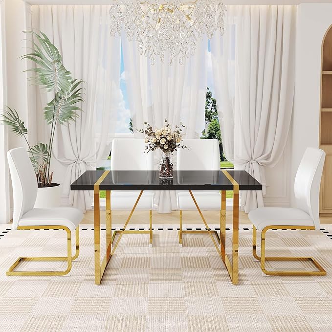 55" Black Dining Table Set for 4, 5 Piece Dining Table Set, 1.5" Black Glossy Wood Tabletop with Gold Metal Legs, Modern Kitchen Table Set with 4 Bow-legged Faux Leather Chairs for Dining, Small Space