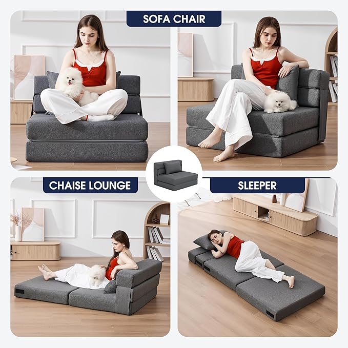 KINGYES 4 in 1 Foldable Sofa Bed, Modern Folding Sleep Chair with Back Cushion, Convertible Chair Sleeper, Grey