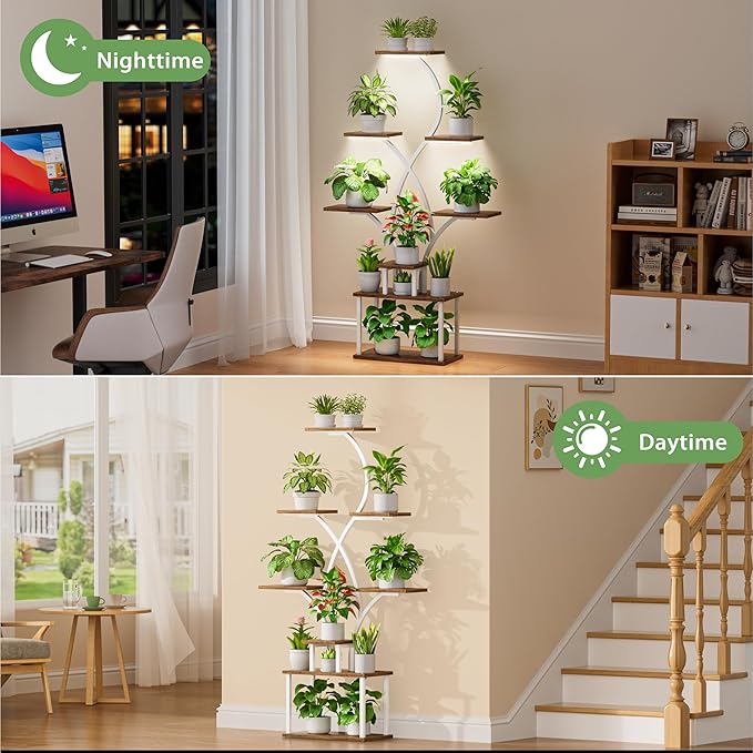 Plant Stand Indoor with Grow Lights - 62" Tall Plant Shelf Indoor, Lighted Corner Plant Stands for Indoor Plants, 8 Tiered Flower Spike-Shaped Rack for Living Room, Patio, Balcony Decor（White)