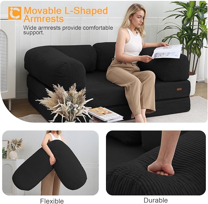 COMAX Folding Sofa Bed Queen, 4-in-1 Foldable Floor Couch Convertible Futon Sofa with Armrests Sleeper Mattress Chair Bed Comfy Portable Fold Out Lounge Guest for Living Room Bedroom, Black