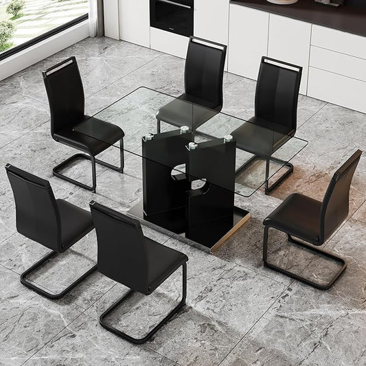 Glass Dining Table Set for 6,7 Piece Dining Table Set, Tempered Glass Table Top and Modern Design MDF Base with 6 PU Leather Ergonomic Dining Chairs