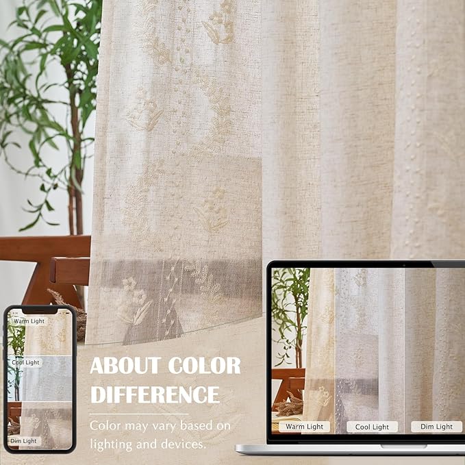 jinchan Belrose Linen Curtains for Bedroom Floral Curtains 63 Inch Length Linen Blend Ivory Embroidered Drapes Farmhouse Flower Patterned Drapes for Living Room Window Treatments Set 2 Panels