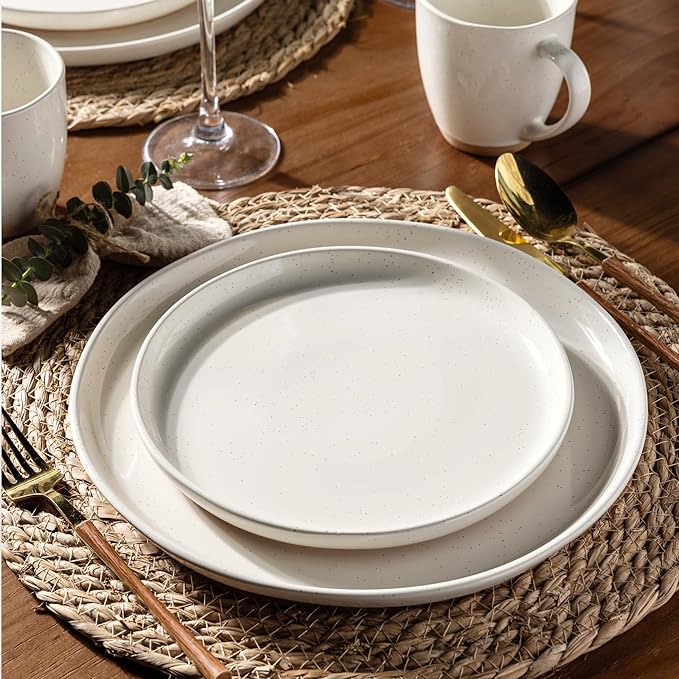 AmorArc Ceramic Dinnerware Sets for 8, 24 Pieces Handpainted Plates and Bowls Set with Rustic Terracotta Underside, Scratch Resistant Stoneware Dishes Set, Dishwasher & Microwave Safe, Light Beige