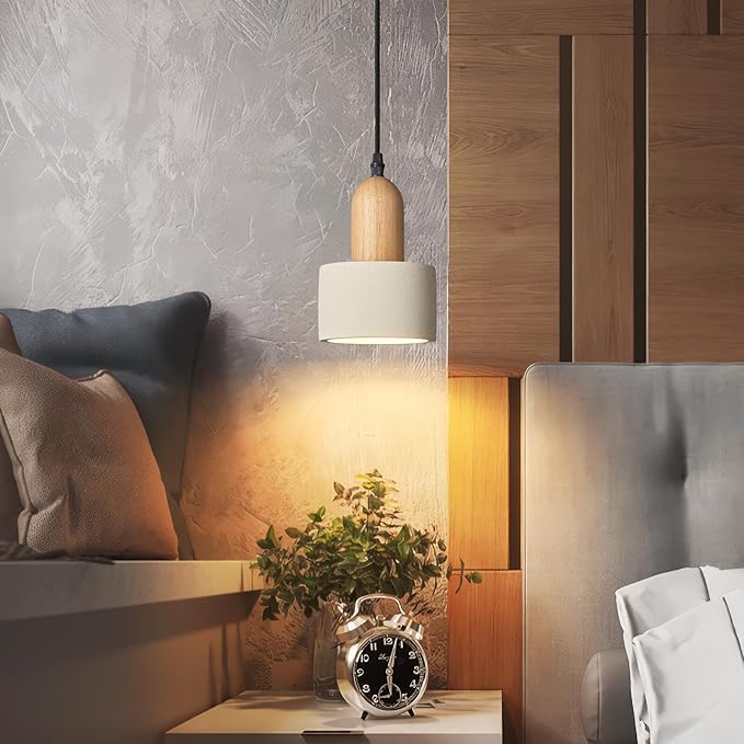 Modern Cement Pendant Lights White Chandelier Wooden Ceiling Lamps for Kitchen Island Bedroom Dining Room Living Room bar（1 Pack）