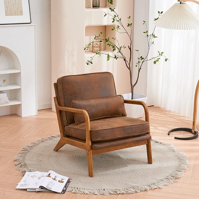 Karl home Accent Chair Mid-Century Modern Chair with Pillow Bronzing Cloth Upholstered Lounge Arm Chair with Solid Wood Frame & Soft Cushion for Living Room, Bedroom, Balcony, Brown