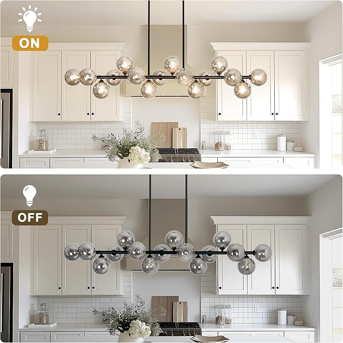 Dining Room Light Fixture 16-Light Farmhouse Chandeliers for Dining Room Large Chandelier Linear Sputnik Chandelier Smoke Gray Swirled Globe Glass Bubble Black Modern Pendant Lights Kitchen Island
