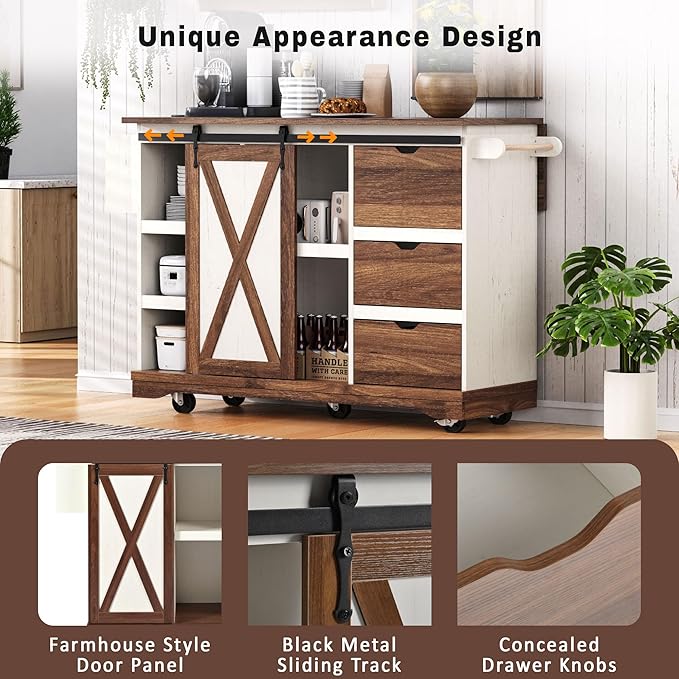 55.5" Farmhouse Kitchen Island with Drop Leaf, Kitchen Storage Island with Barn Door, Power Outlet, for Home, Kitchen, Dining Room, White