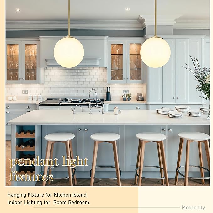 13.7" Globe Pendant Light 3-light Gold Mid Century Modern Light Fixture Milk Glass Pendant Light Globe Pendant Lights Kitchen Island Brushed Brass Finished with Milk Glass Lampshade for bedroom