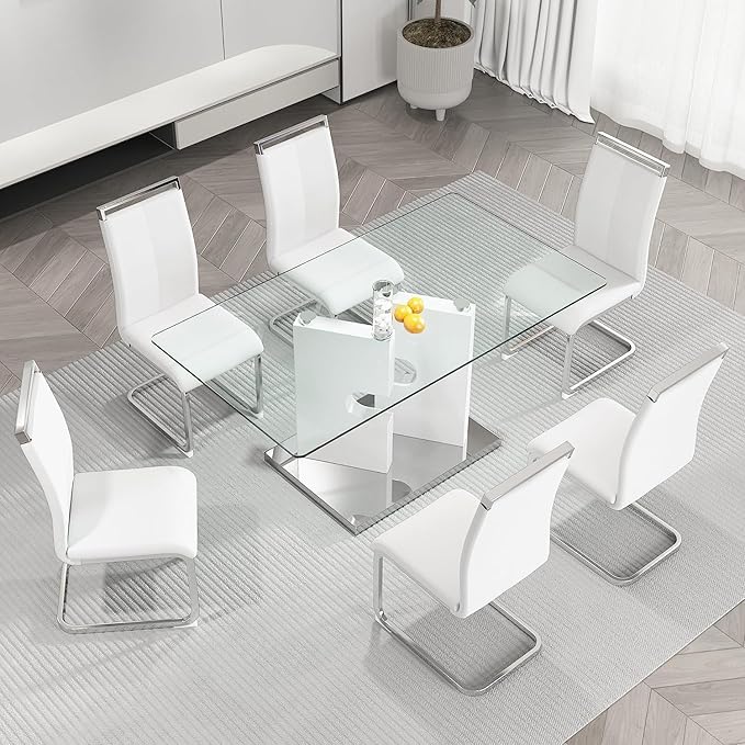 Glass Dining Table Set for 6, 63" White Dinner Room Table Set for 6, Modern Kitchen Table with 6 Upholstered PU Leather Dining Chairs for Dining Room