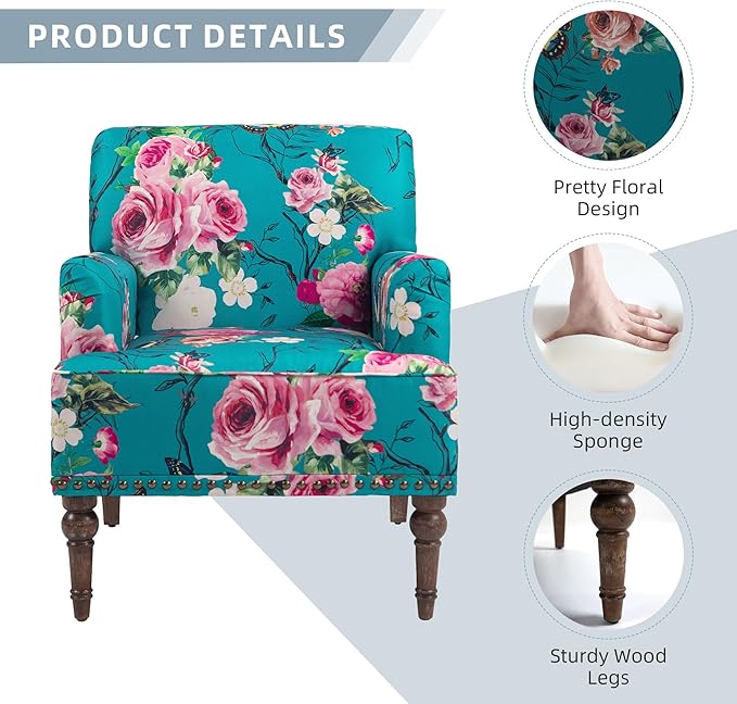 Modern Accent Chair with Arms,2 Set Mid Century Stripe Armchair for Living Room,Comfy Linen Fabric Single Sofa for Apartment Bedroom,Comfortable Cushioned Seat for Reading Home Office-Floral Stripe