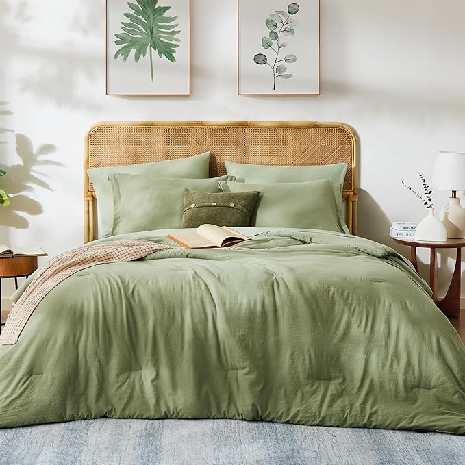 WRENSONGE Full Size Comforter Set- 7 Pieces Sage Green Bed in a Bag Full Size Comforter with Fitted Sheet, Flat Sheet, 2 Pillow Shams, 2 Pillowcases, Warm Bedding Sets for All Season