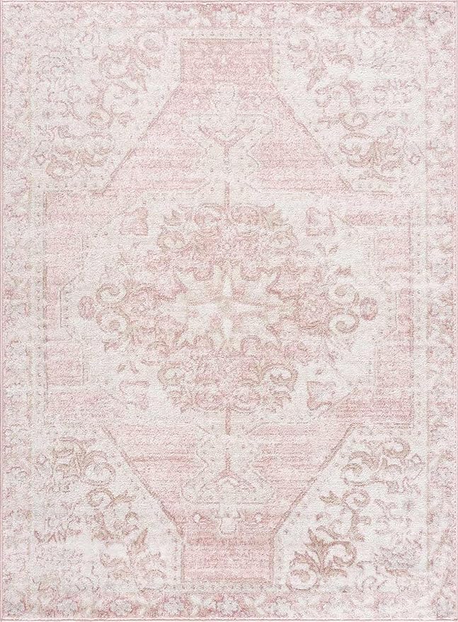 Blush & Light Pink Collection Snead Bohemian Oriental Medallion Area Rug - Traditional Floral Carpet for Living Room, Bedroom - Blush, Pale Pink, Cream - 5'3" x 7' (5x7 Area Rug)