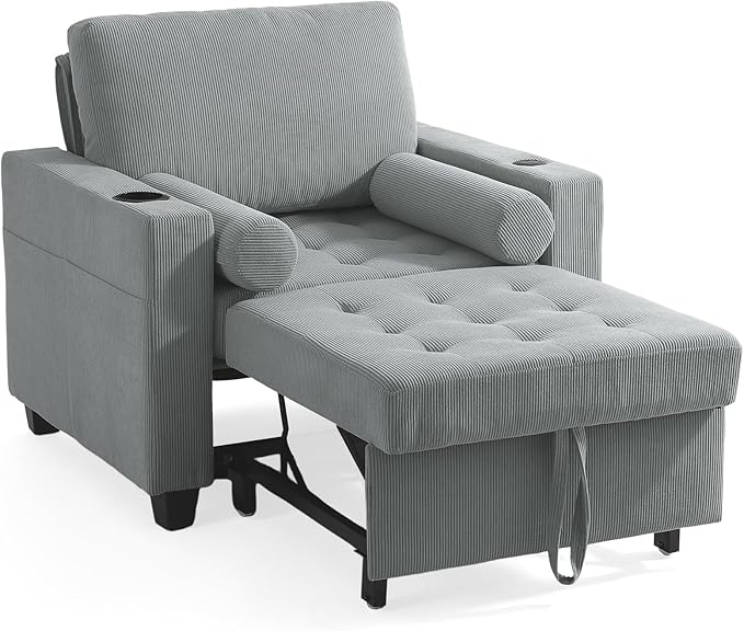 UIXE 3-in-1 Sleeper Sofa Chairs Set of 2, Pull Out Sofa Bed Convertible Reclining Seat Upholstered Armchair, Adjustable Backrest Recliner Chair with Side Pockets, Cup Holder & USB Ports - Gray