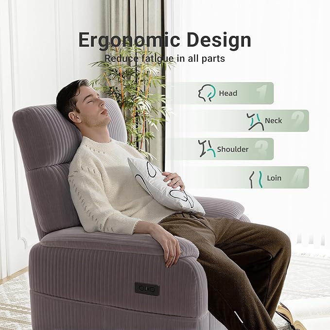 Overized Power Swivel Rocker Recliner Chair,Comfy Corduroy Sofa Reclining for Adults,Adjustable Rocker Reclining Sofa Lounge with USB&Type-C Ports,Side Pocket,for Living Room,Grey