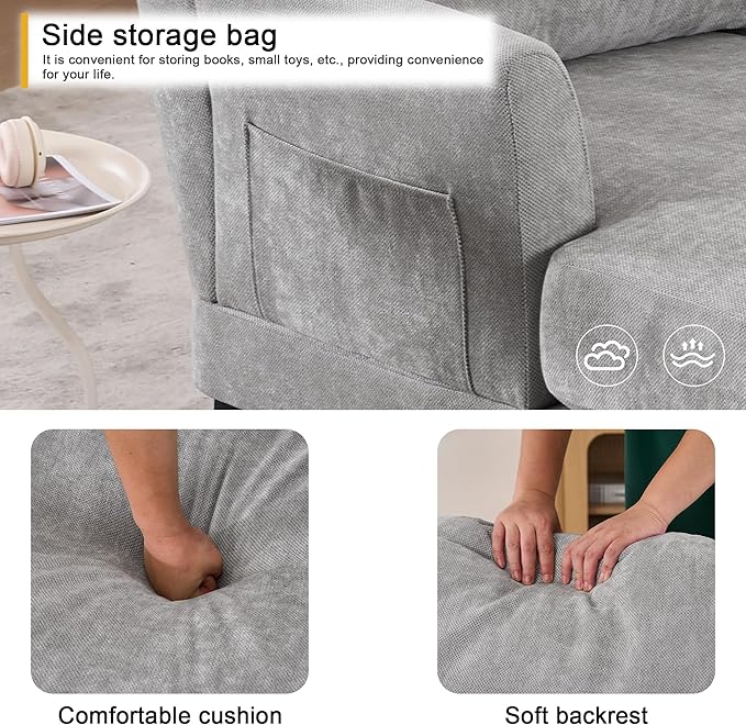 Chaise Lounge Chair Indoor, 59.8" Oversized Couch Reading Chairs，Chenille Comfortable Deep Sleeping Single Sofa, Upholstered Modern Couch Sofa Bed for Living Room, Bedroom & Apartment (Grey)