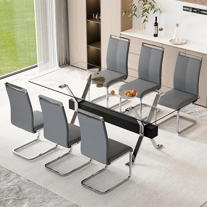 7 Piece Glass Dining Table Set, 79" Modern Dining Table Set for 6, 0.5" Thick Tempered Glass Tabletop with Silver Chrome Metal Legs and Black Crossbar, 6 PU Chairs for Dining Room, Kitchen