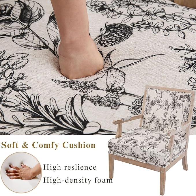 Floral Accent Chair Set of 2 Mid-Century Modern Living Room Chairs Upholstered Linen Lounge Armchair with Solid Wood Frame & Removable Cushion for Bedroom, Balcony, Floral Pattern