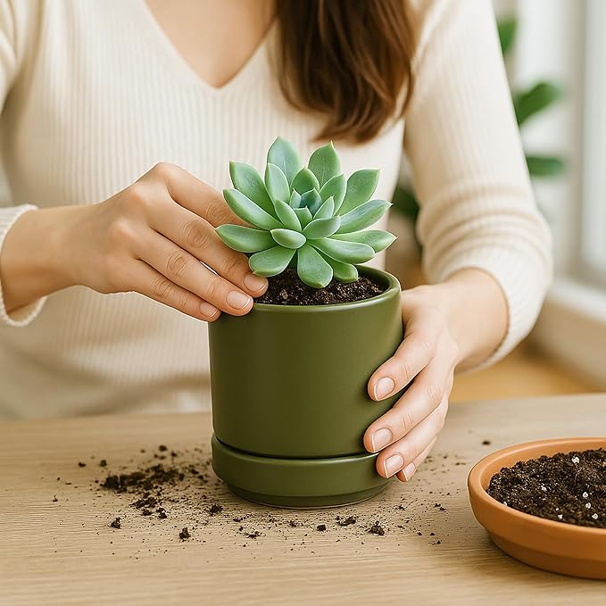 D'vine Dev 4.7 Inch Ceramic Planter Pot with Drainage Hole and Saucer, Indoor Cylinder Round Planter Pot, Olive, 94-O-B-J