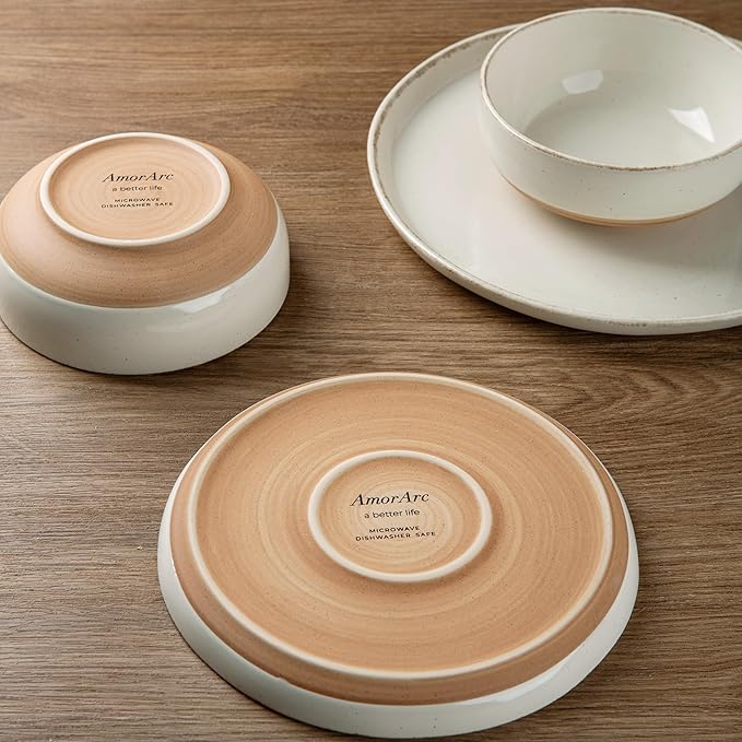 AmorArc 24 Pieces Ceramic Dinnerware Sets for 6, Handpainted Plates and Bowls Set with Rustic Terracotta Underside, Scratch Resistant Stoneware Dishes Set, Dishwasher & Microwave Safe, Light Beige