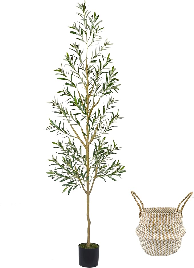 7.8ft (93”) Artificial Olive Tree, Tall Fake Olive Plant with Basket, Indoor Outdoor Faux Olive Silk Tree for Home Livingroom Office Floor Decor (Natural Green Leaves)