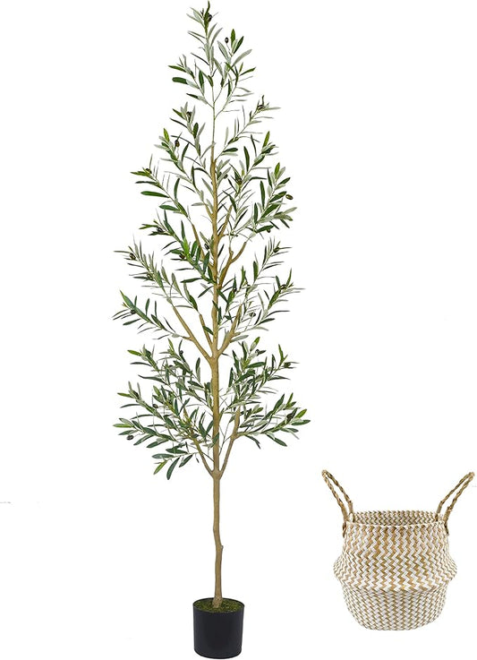7.8ft (93”) Artificial Olive Tree, Tall Fake Olive Plant with Basket, Indoor Outdoor Faux Olive Silk Tree for Home Livingroom Office Floor Decor (Natural Green Leaves)