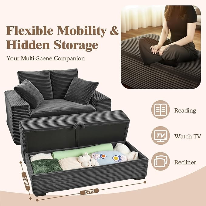 Indoor Chaise Lounge Chair With Storage Ottoman, Modern 60-Inch Lounge Sofa Chair With Wide Armrests & 4 Pillows, Oversized Comfy Reading Lounger For Living Room, Bedroom（Wide-Rib Corduroy Grey)
