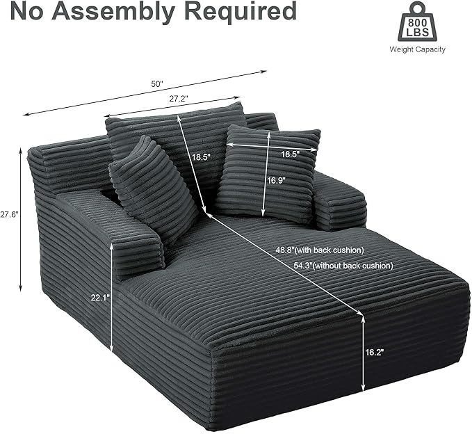GNIXUU Oversized Chaise Lounge Chair Indoor, Comfy Fluffy Boneless Lounge Sofa Upholstered Sleeper Sofa Couch with Throw Pillows and Armrests, Corduroy Plush Chair Bed for Living Room, Gray