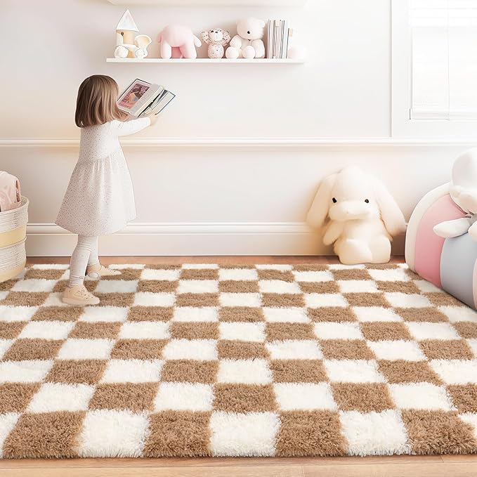 Checkered Rugs for Bedroom, 4x6 Ultra Fluffy Fuzzy Shag Area Rug for Living Room, Modern Plush Soft Upgrade Non-Slip Carpet for Kids Girls and Boys Room Dorm Nursery Home Decor, Cream and Camel