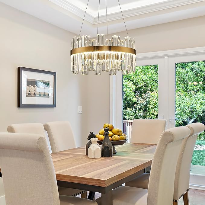 19.7'' Dimmable Modern LED Crystal Chandeliers,Gold Chandelier Light Fixture, 3 Colors Contemporary Pendant Ceiling Light for Dining Room Living Room Kitchen Island Entryway Foyer ,With Remote Control